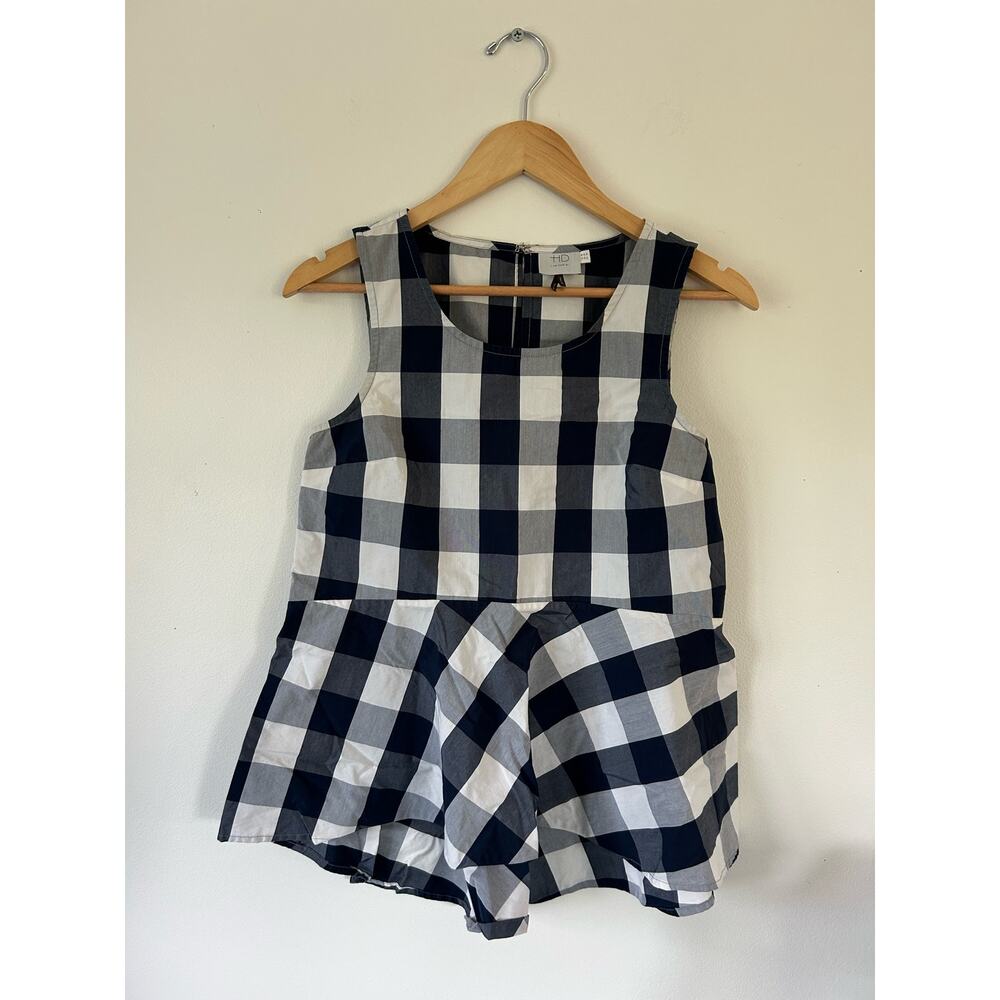 HD in Paris womens top size 8 blue white buffalo plaid sleeveless ruffled